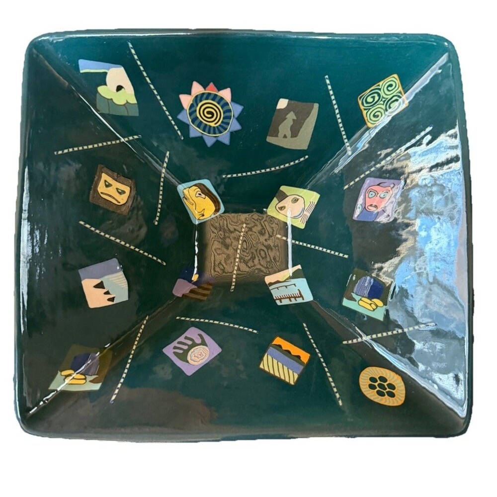 Marked 7x3” Studio Pottery New Wave Memphis Style Square Bowl Teal Unique